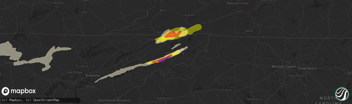 Hail map in Johnson City, TN on March 27, 2021