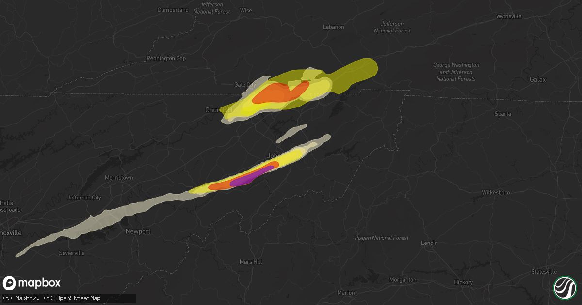 Hail map in Johnson City, TN on March 27, 2021