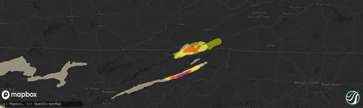 Hail map in Kingsport, TN on March 27, 2021