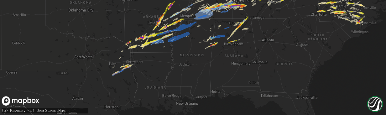 Hail map in Mississippi on March 27, 2021