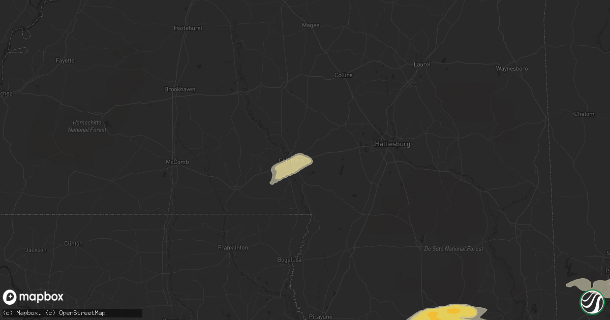 Hail map in Columbia, MS on March 27, 2023