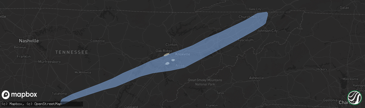 Hail map in Knoxville, TN on March 28, 2020