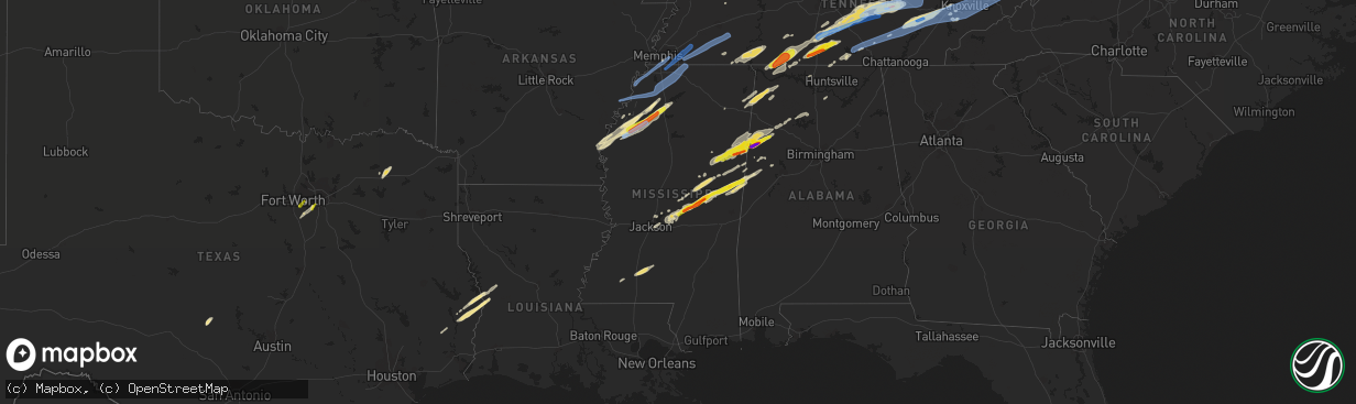 Hail map in Mississippi on March 28, 2020