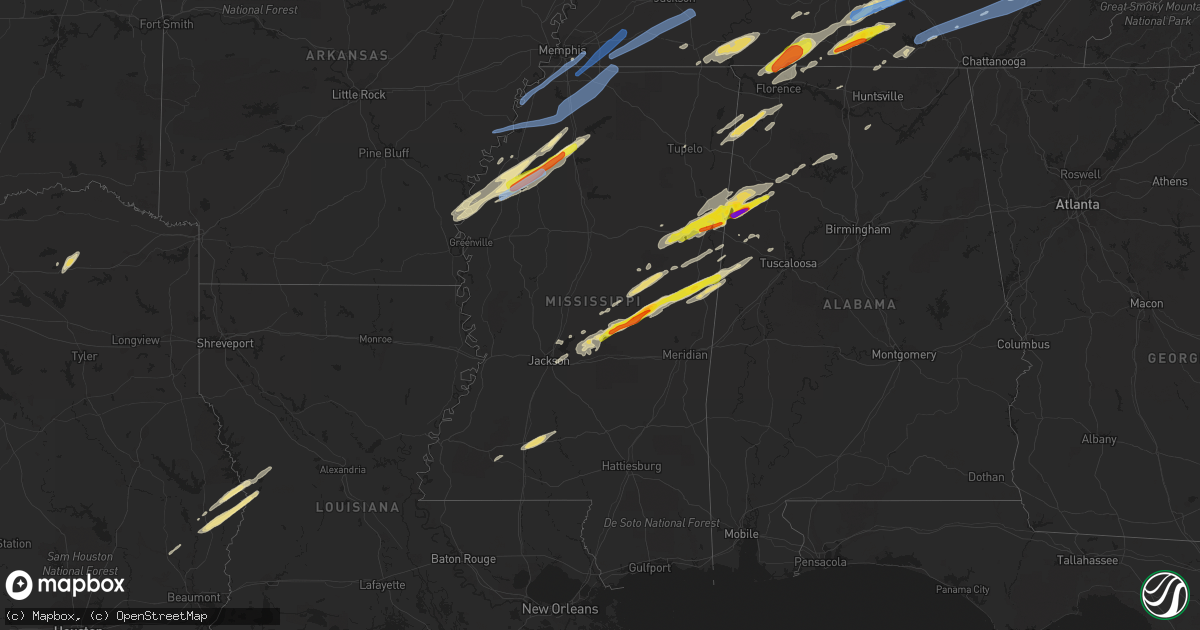 Hail map in Mississippi on March 28, 2020