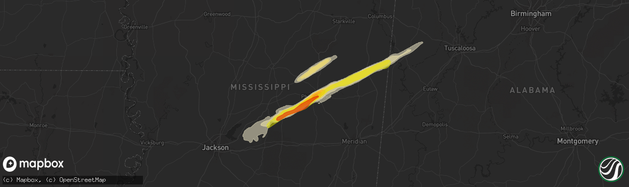 Hail map in Philadelphia, MS on March 28, 2020