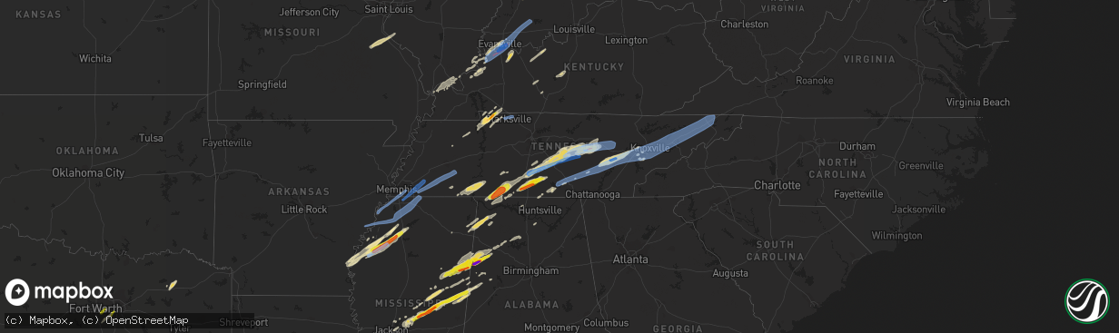 Hail map in Tennessee on March 28, 2020