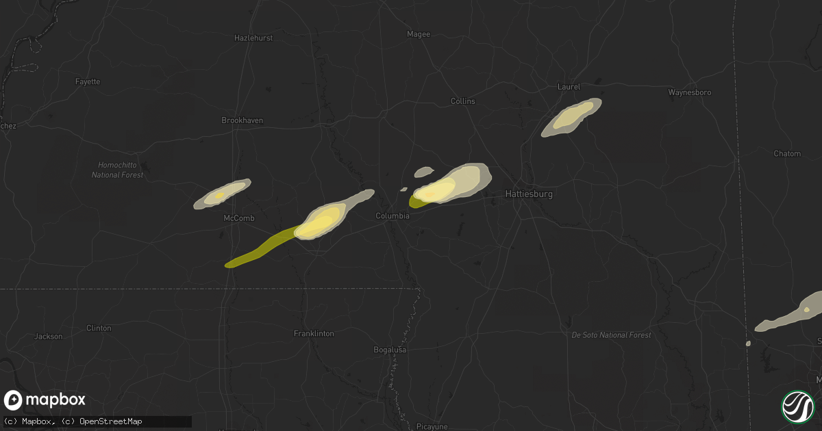 Hail map in Columbia, MS on March 28, 2023
