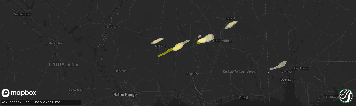 Hail map in Tylertown, MS on March 28, 2023