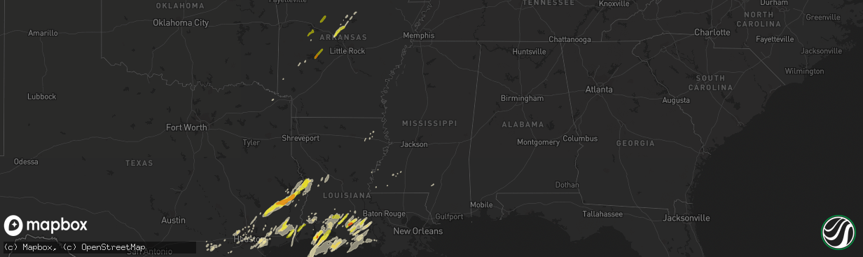 Hail map in Mississippi on March 29, 2017