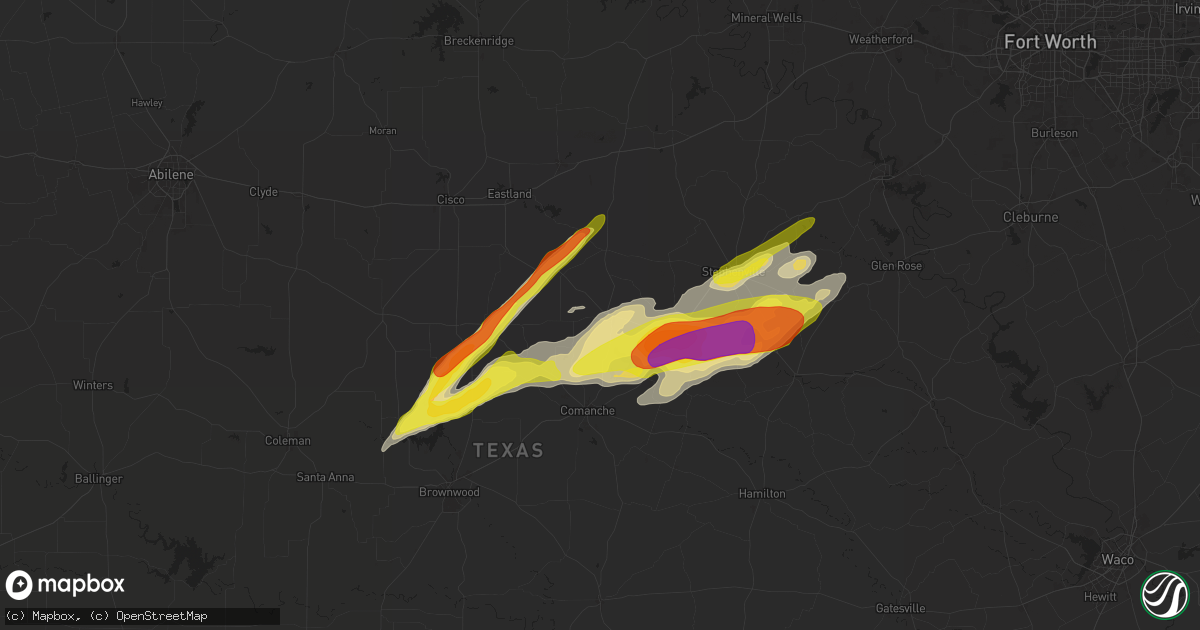 Hail map in De Leon, TX on March 29, 2025
