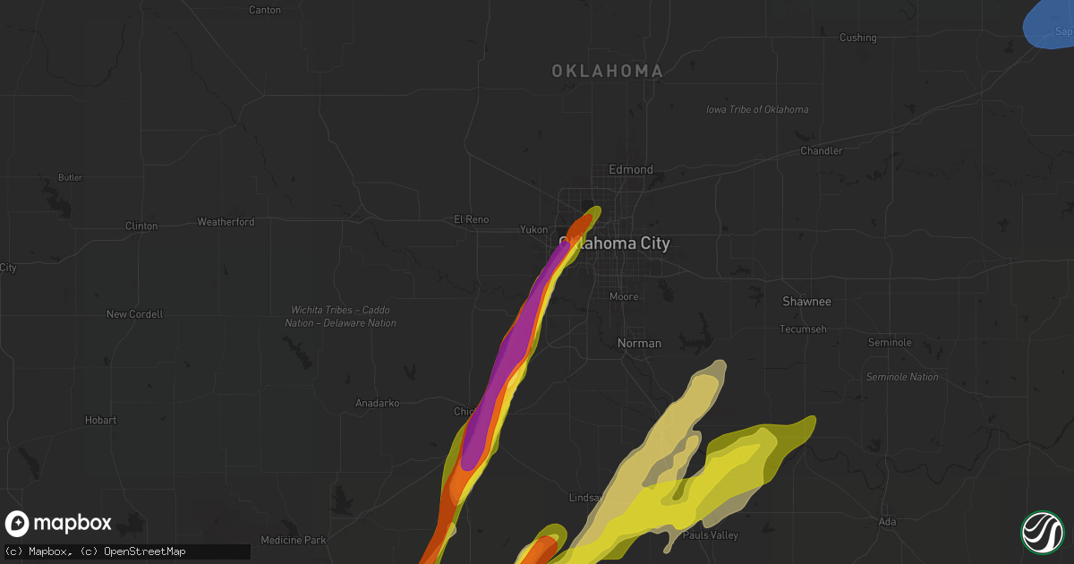 Hail map in Mustang, OK on March 29, 2025
