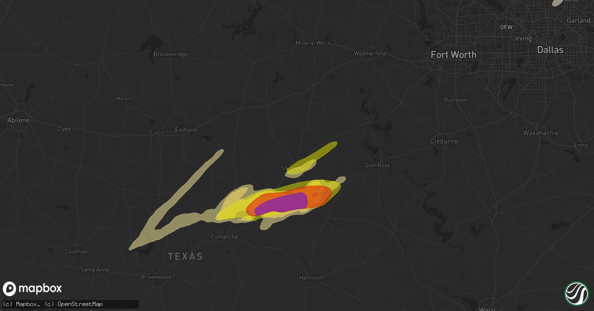 Hail map in Stephenville, TX on March 29, 2025