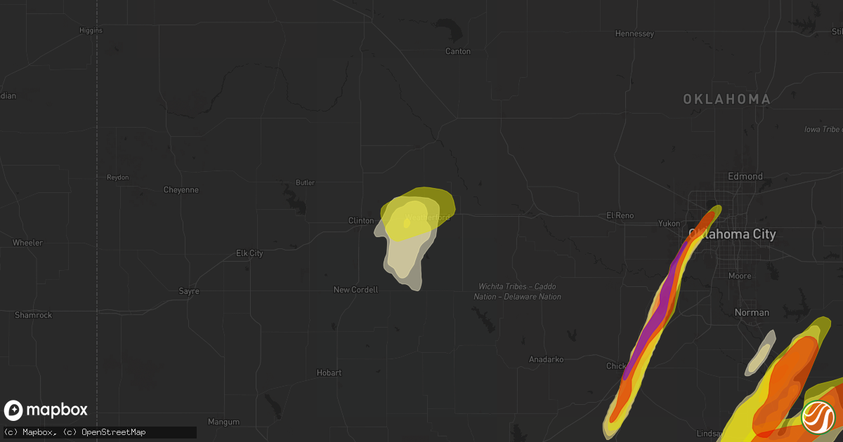 Hail map in Weatherford, OK on March 29, 2025