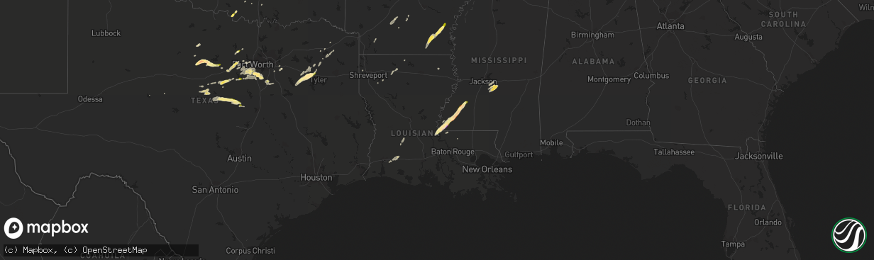 Hail map in Louisiana on March 30, 2016