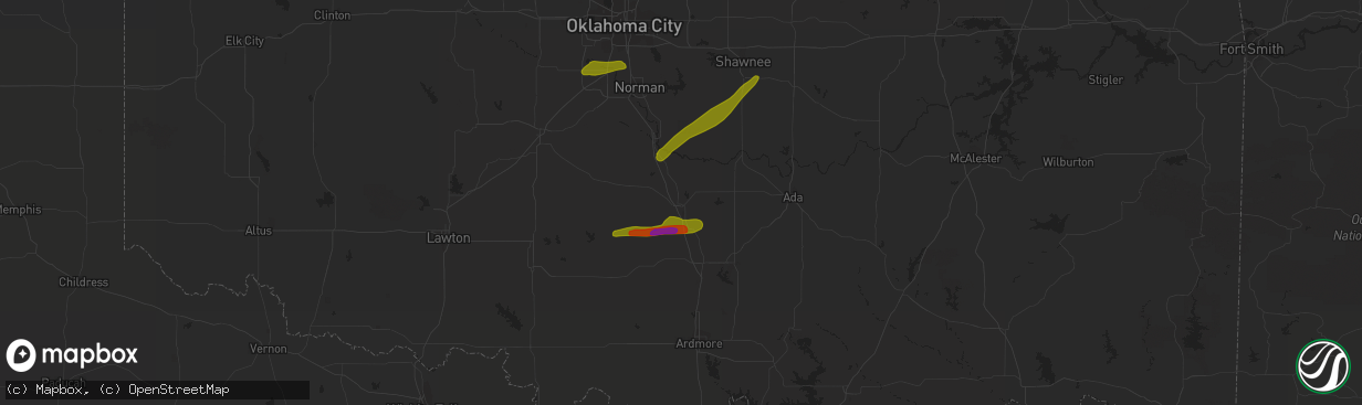 Hail map in Pauls Valley, OK on March 30, 2019