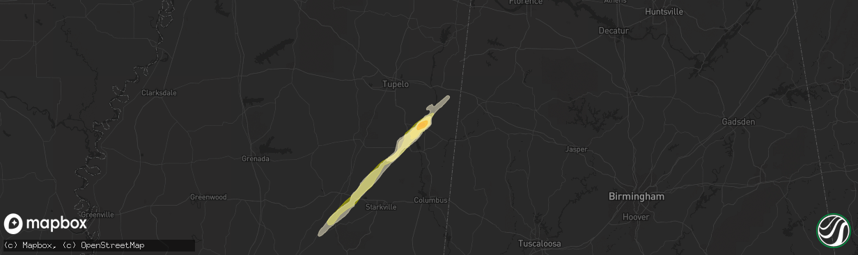 Hail map in Amory, MS on March 31, 2016