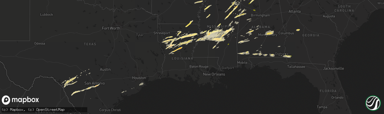 Hail map in Louisiana on March 31, 2016