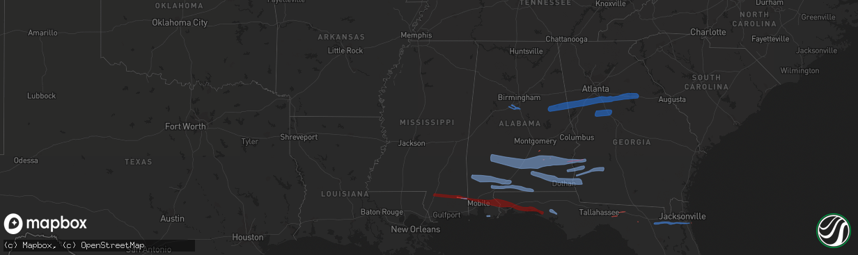 Hail map in Mississippi on March 31, 2020