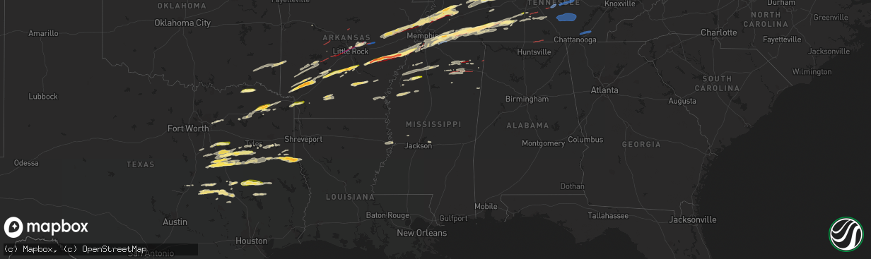 Hail map in Mississippi on March 31, 2023