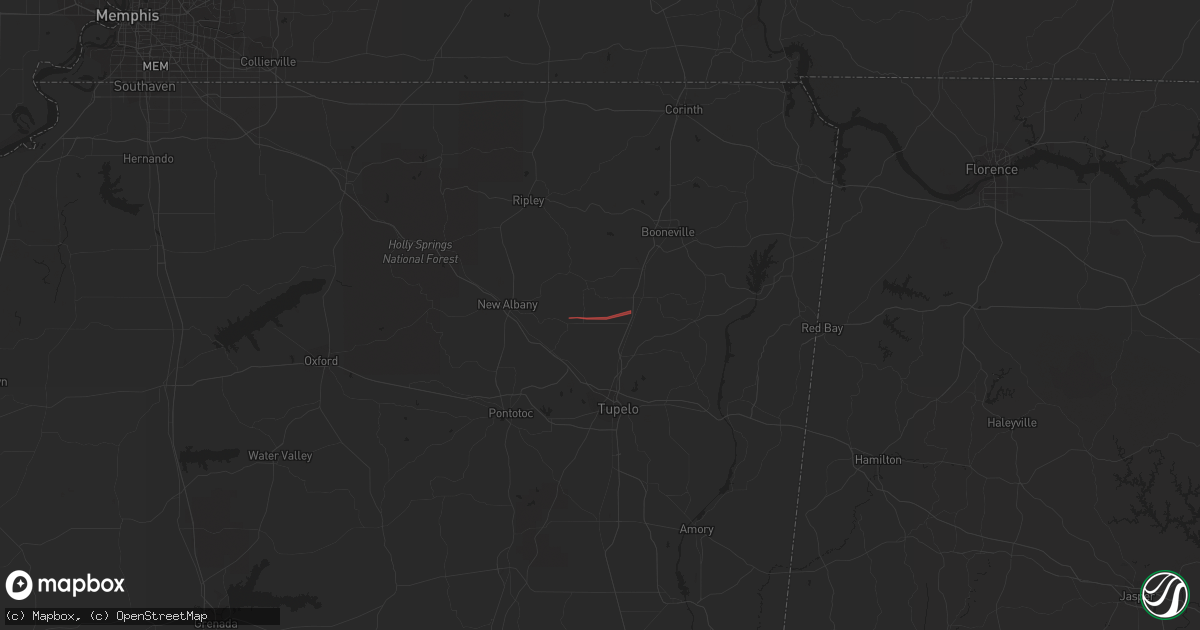Hail map in Blue Springs, MS on April 1, 2023