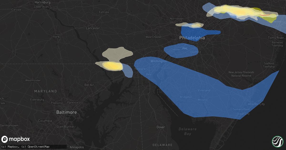 Hail map in Newark, DE on April 1, 2023