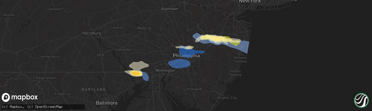 Hail map in Philadelphia, PA on April 1, 2023