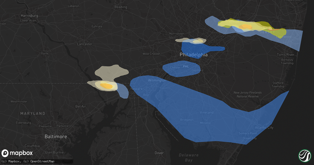 Hail map in Wilmington, DE on April 1, 2023