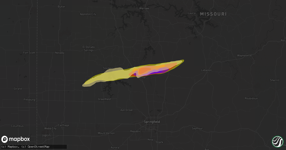 Hail map in Bolivar, MO on April 1, 2024