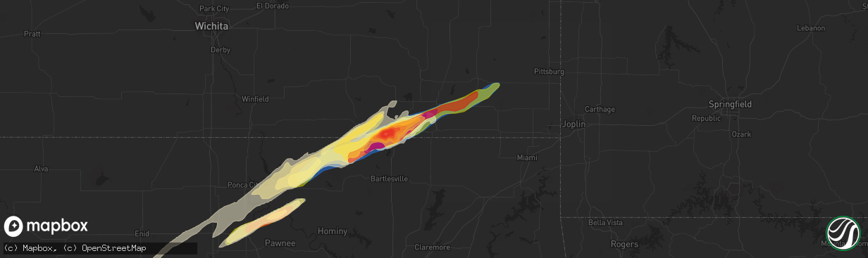 Hail map in Coffeyville, KS on April 1, 2024