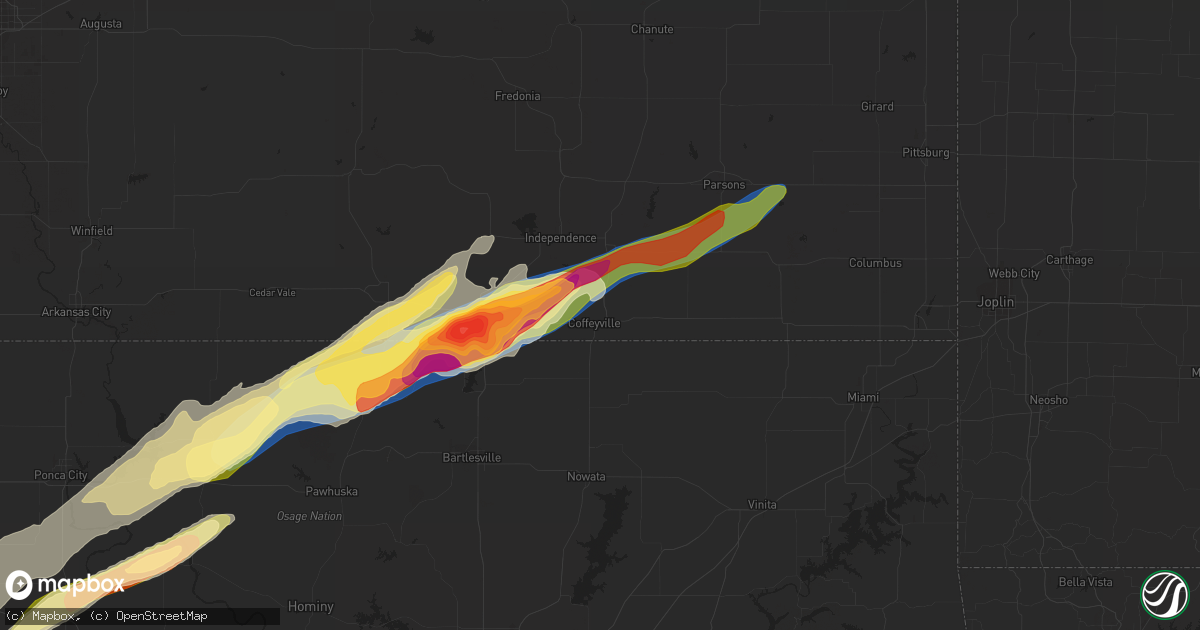 Hail map in Coffeyville, KS on April 1, 2024