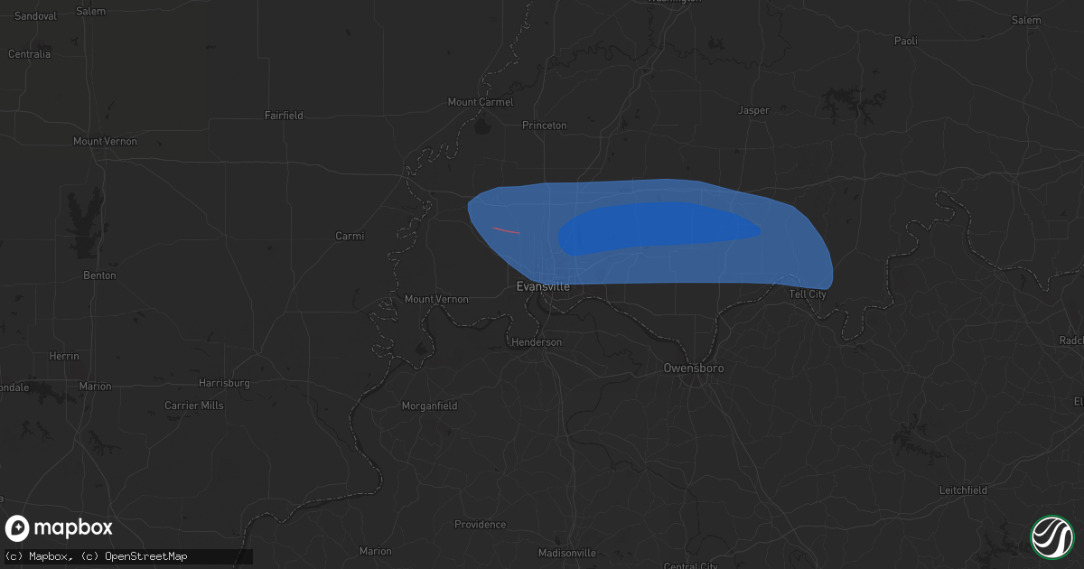Hail map in Evansville, IN on April 1, 2024