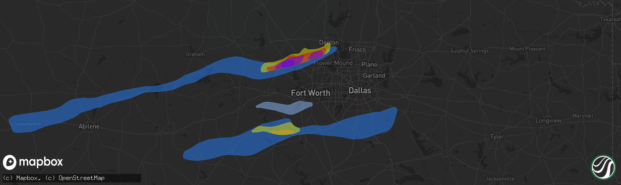 Hail map in Fort Worth, TX on April 1, 2024