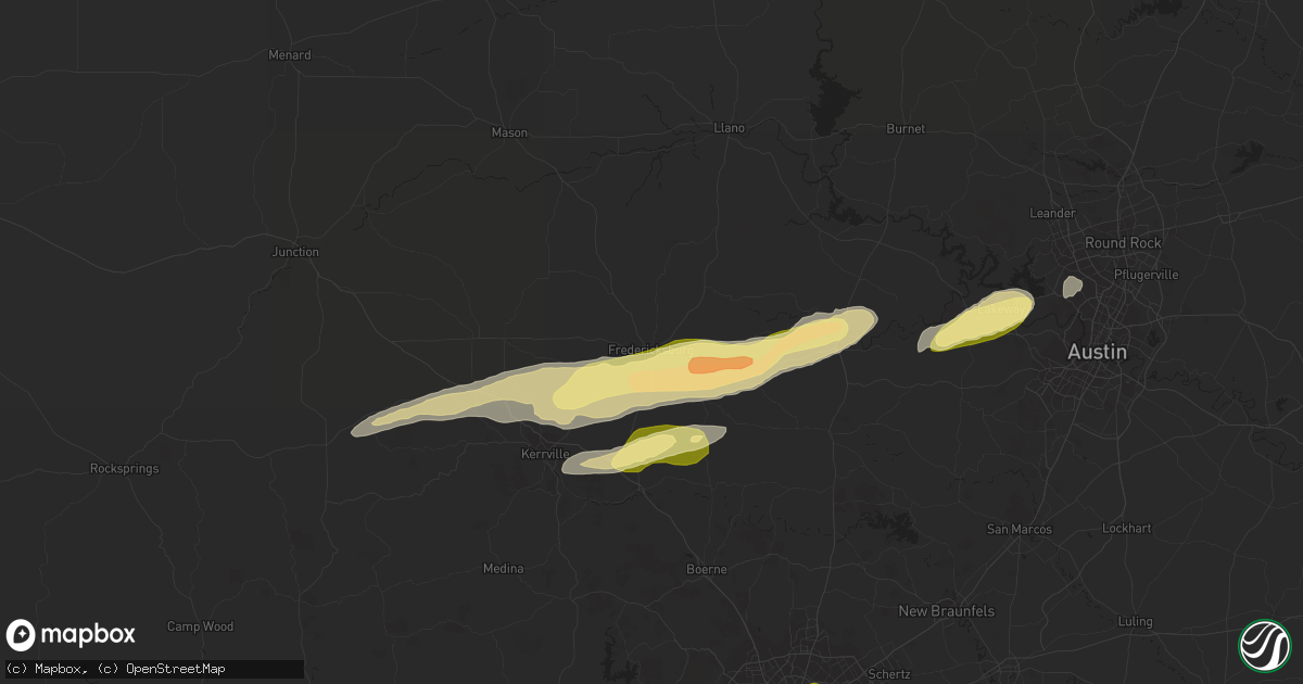 Hail map in Fredericksburg, TX on April 1, 2024