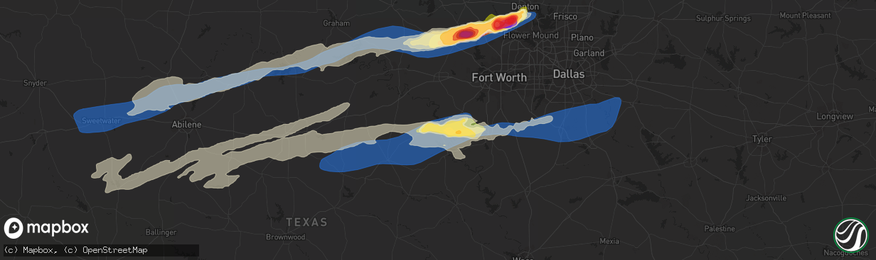 Hail map in Granbury, TX on April 1, 2024