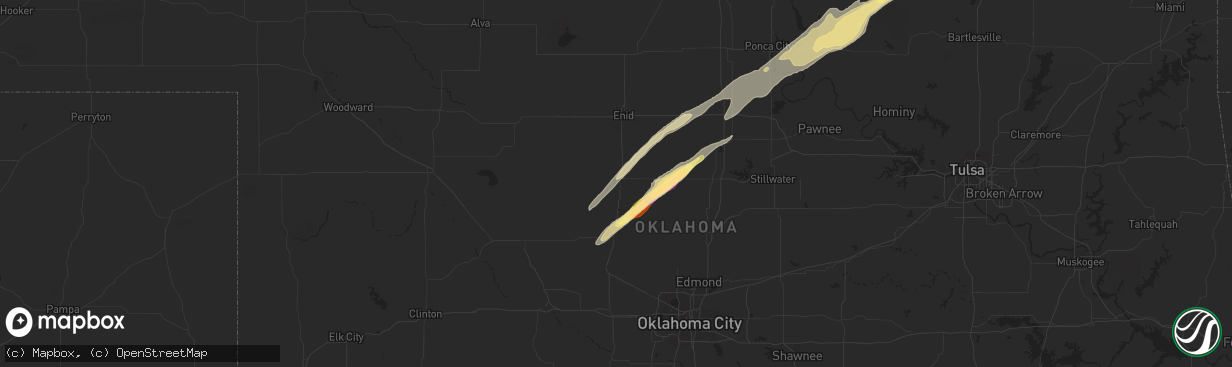 Hail map in Hennessey, OK on April 1, 2024
