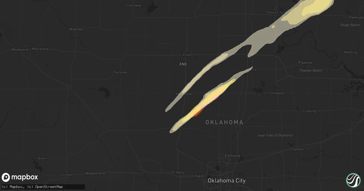 Hail map in Hennessey, OK on April 1, 2024