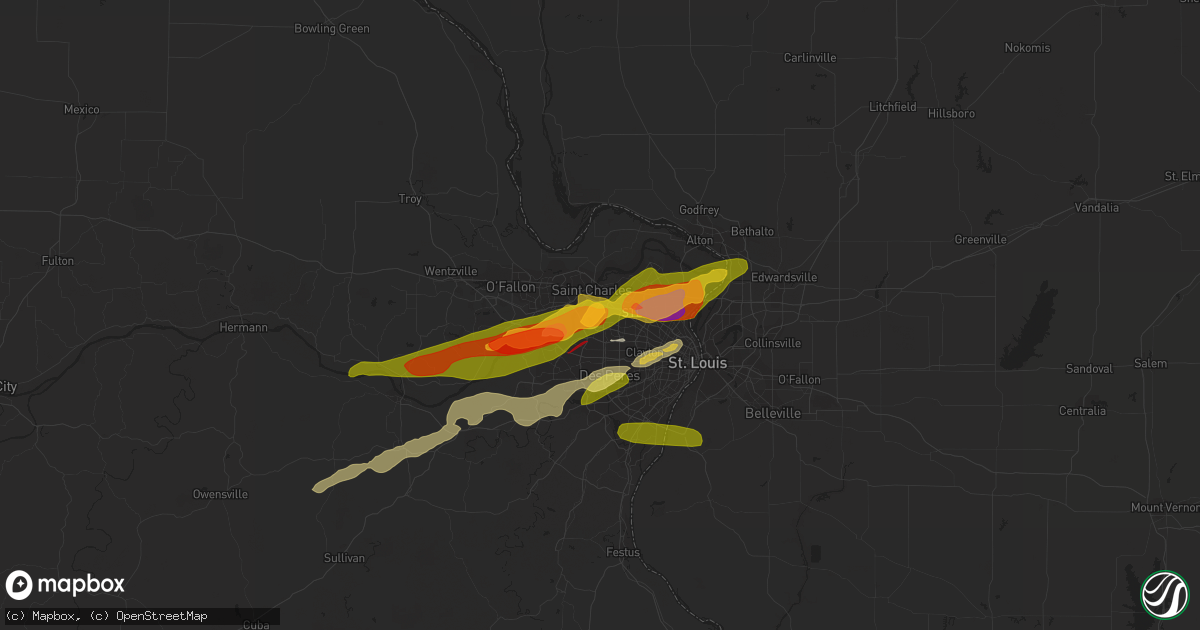 Hail map in Maryland Heights, MO on April 1, 2024