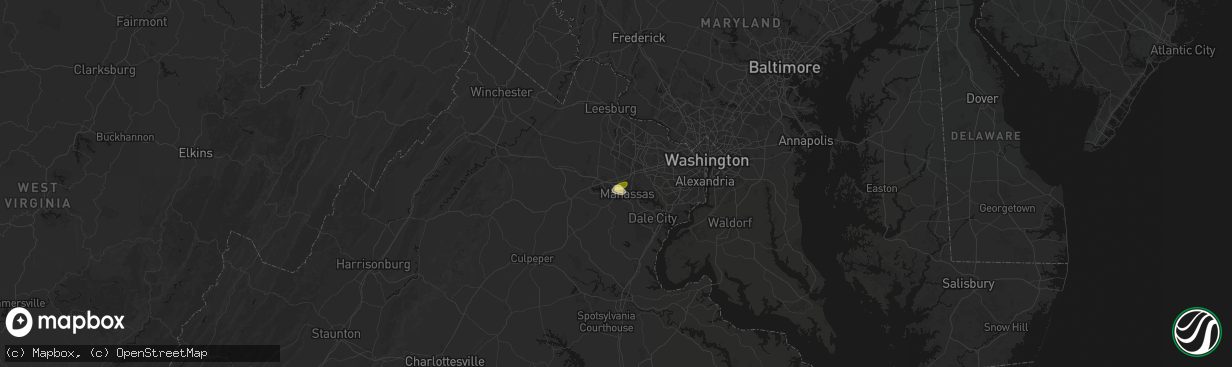 Hail map in Manassas, VA on April 1, 2026