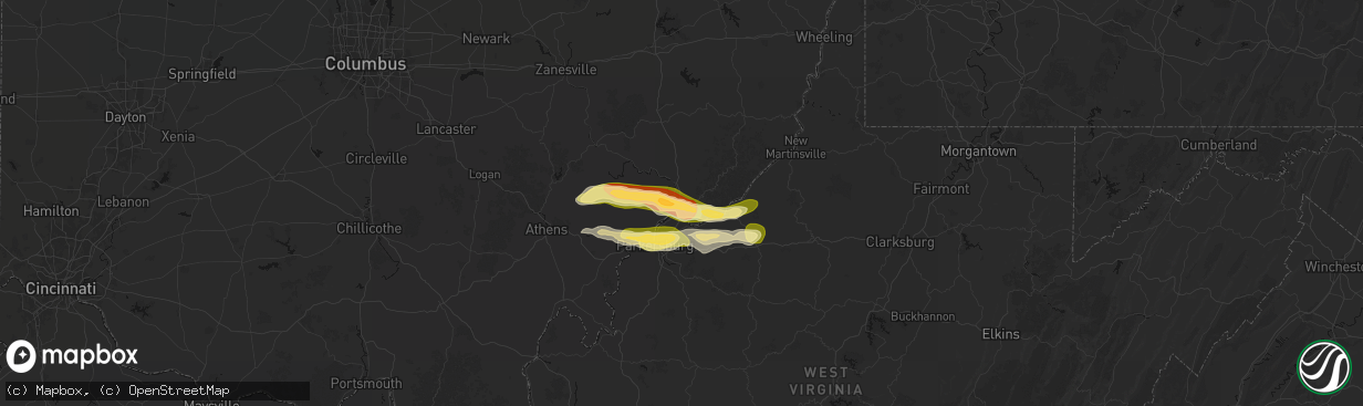 Hail map in Marietta, OH on April 1, 2026