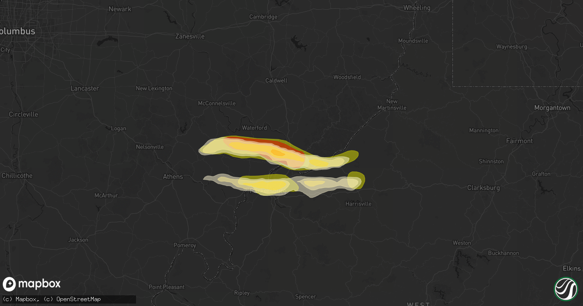 Hail map in Marietta, OH on April 1, 2026