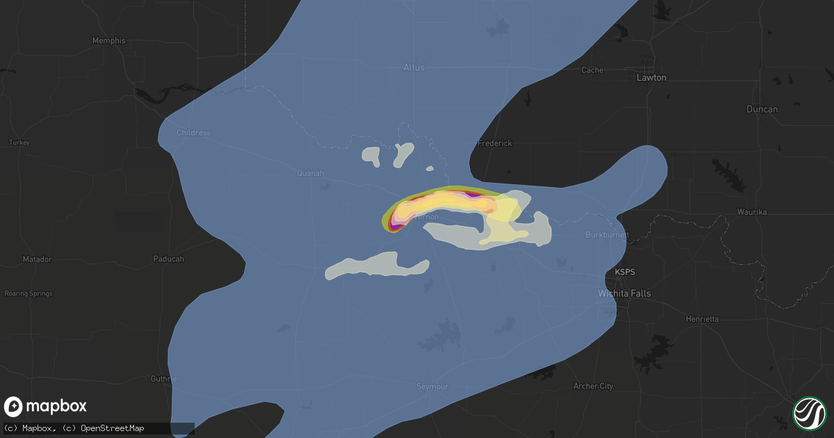 Hail map in Vernon, TX on April 1, 2026
