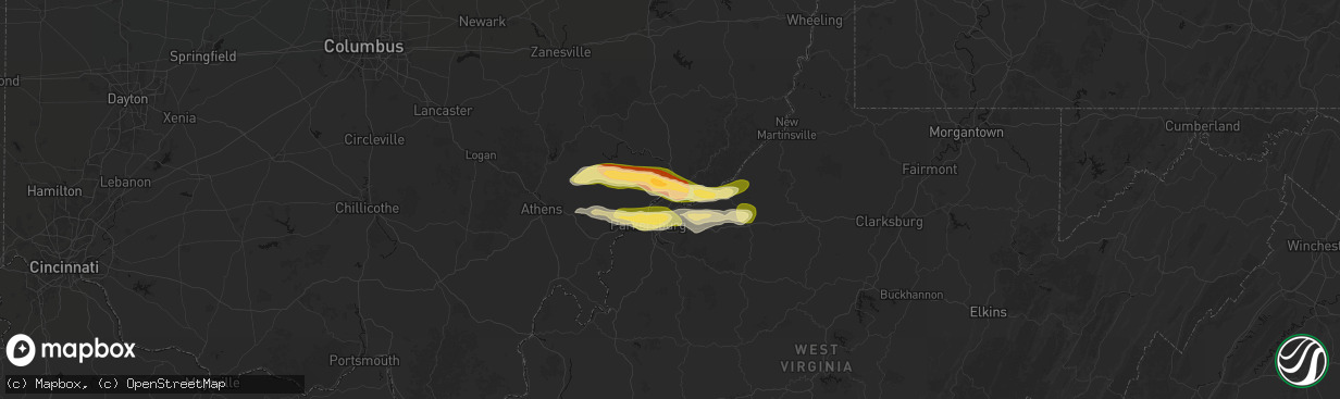 Hail map in Williamstown, WV on April 1, 2026