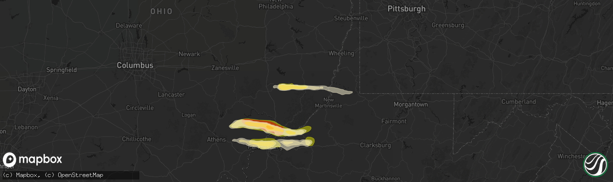 Hail map in Woodsfield, OH on April 1, 2026
