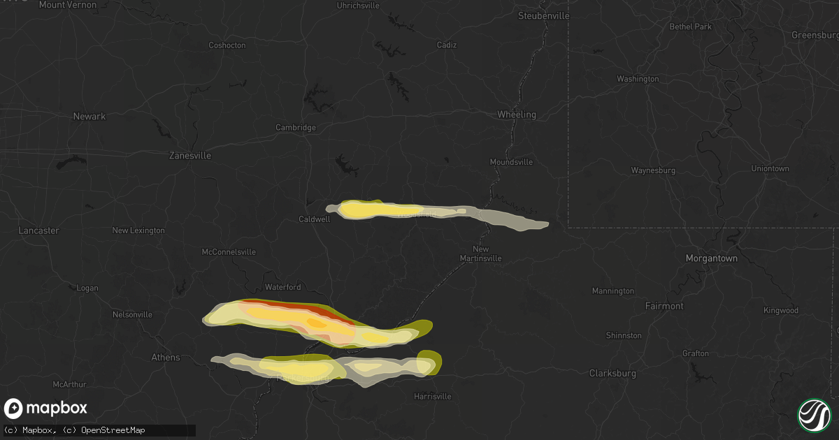 Hail map in Woodsfield, OH on April 1, 2026