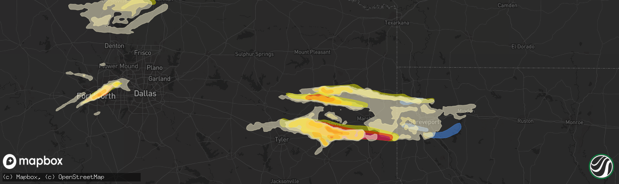 Hail map in Gilmer, TX on April 2, 2023