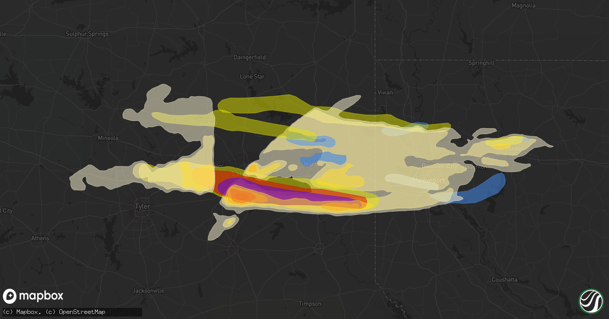 Hail map in Marshall, TX on April 2, 2023