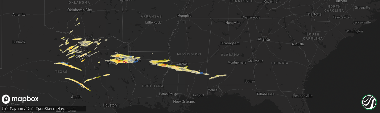 Hail map in Mississippi on April 2, 2023