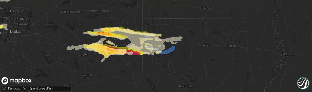 Hail map in Shreveport, LA on April 2, 2023