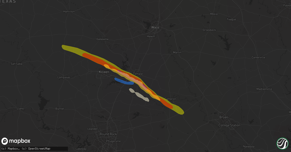 Hail map in Temple, TX on April 2, 2023