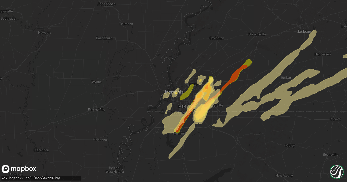 Hail map in Memphis, TN on April 2, 2025